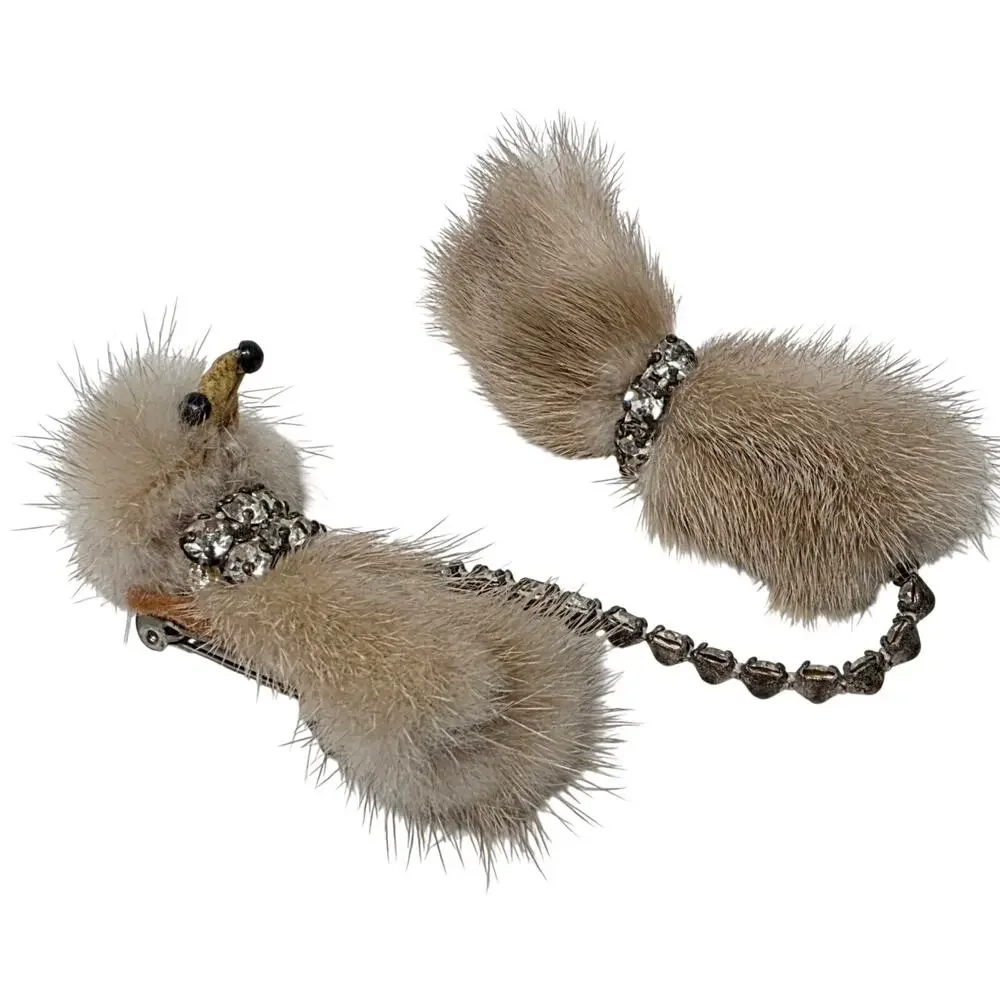 Vintage Mink Fur Mouse Sweater Guard Rhinestone Chain Double Brooch